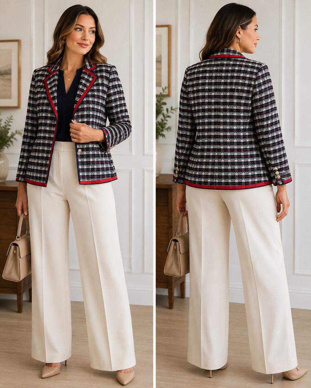 Court & Rowe Plaid Tweed Blazer 20W Plus Size Satin Trim Gold Buttons Nautical